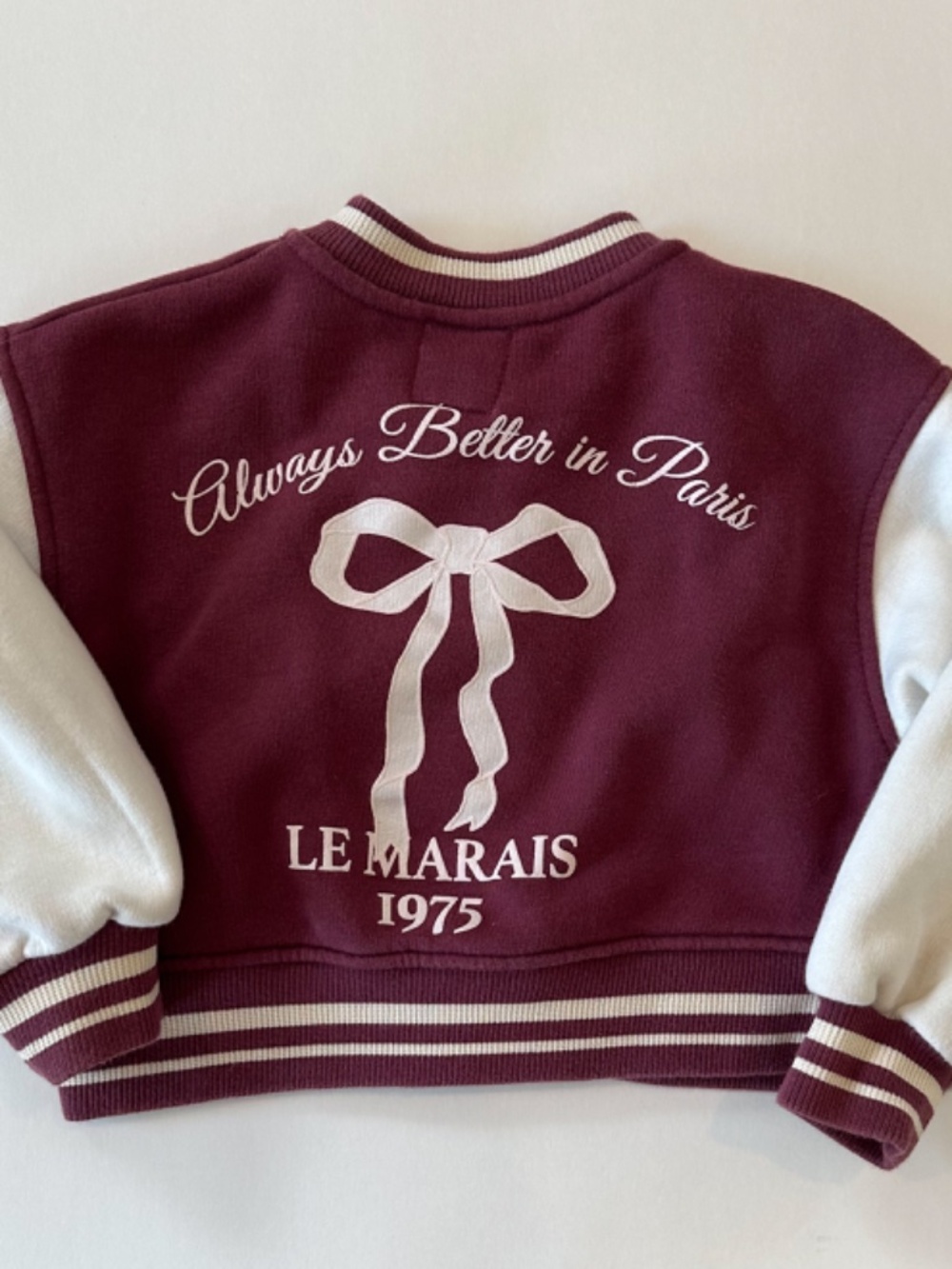 Zara Kids | Girls Bomber Jacket | Always Better In Paris Bow | Burgundy | 6-7